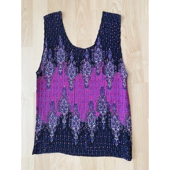 Vtg 90s Tank Top Shirt Crinkle Pleated Purple Black Paisley Textured - Picture 5 of 9